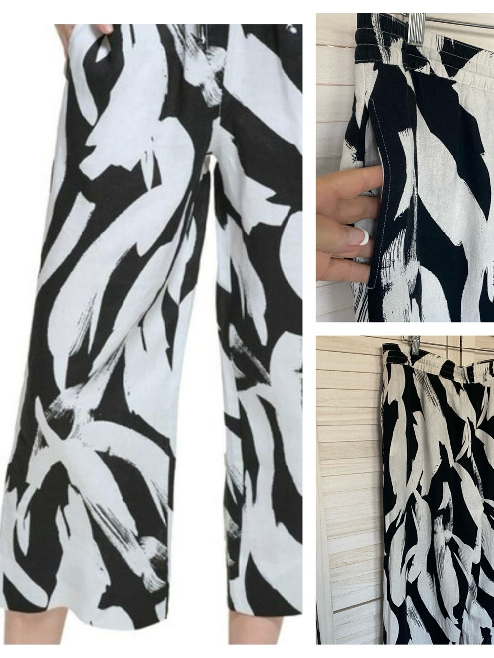 DKNY Black and White Abstract Brush Stroke  Print Linen Blend Palazzo Pants SZ L